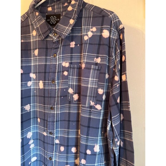 Blue Plaid Button-Up Shirt With Distressed Hem & Bleach Splatter - Picture 3 of 5